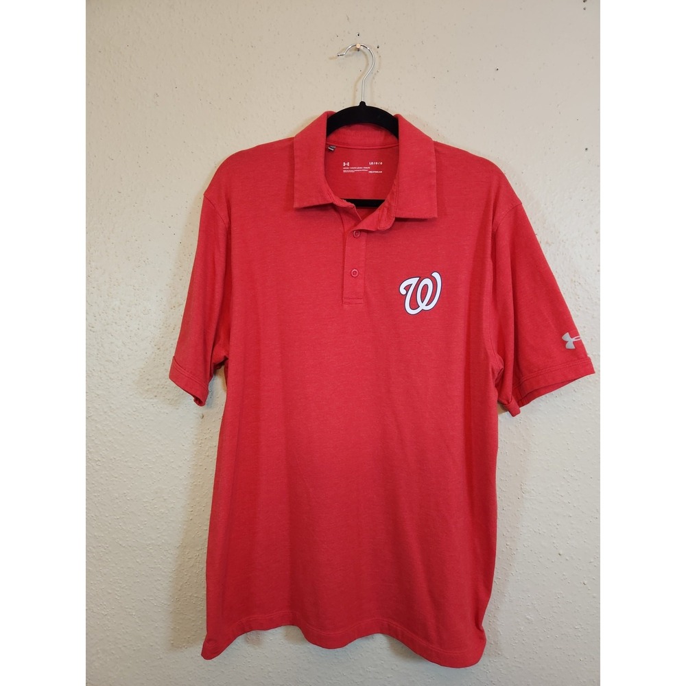 Under Armour Mens Large Red Washington Nationals MLB‎ Polo HeatGear Loose Fit
